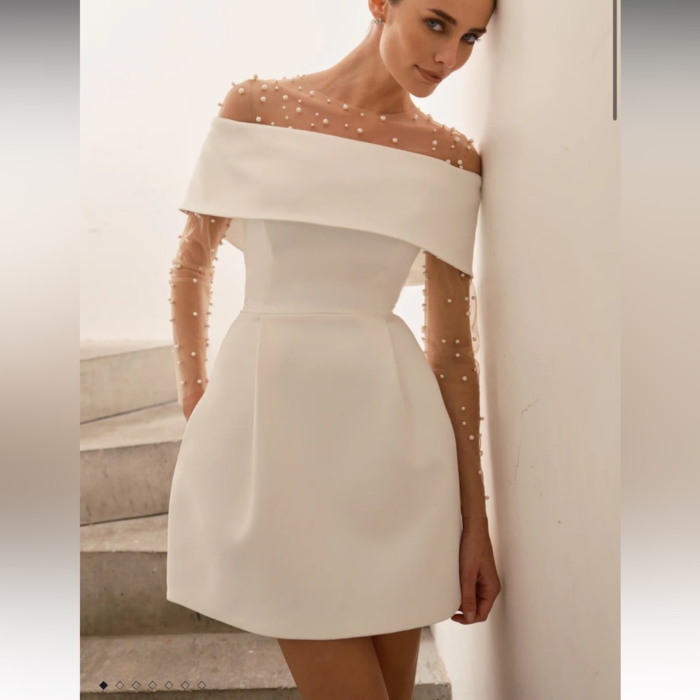 NADINE MERABI Harper White Off-Shoulder Sheath Mini Dress